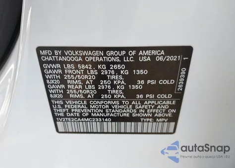2021 Volkswagen Atlas Cross Sport 3.6L V6 Sel Premium z USA, uszkodzony, nr VIN 1V2TE2CA4MC233140